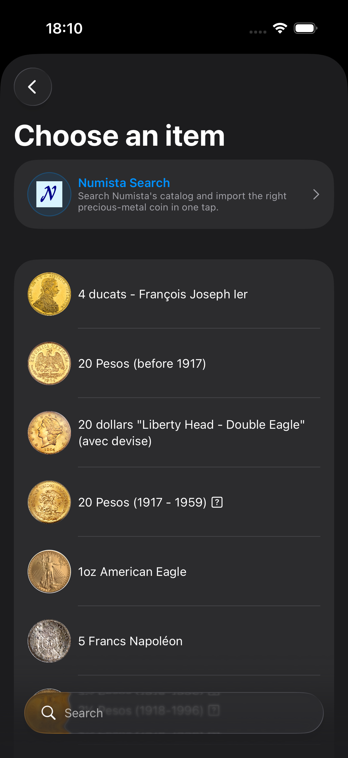 Vaultastic’s real item picker, with Numista search and a catalogue of coins.
